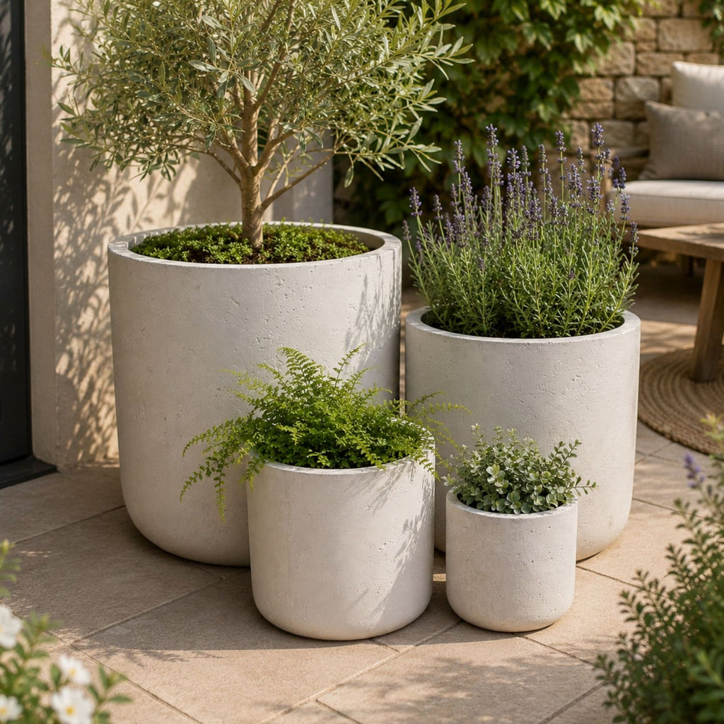 Aurella | Set Of 4 - White Mist – Concrete Cylinder Planters Set – Round Plant Pots Nest-1