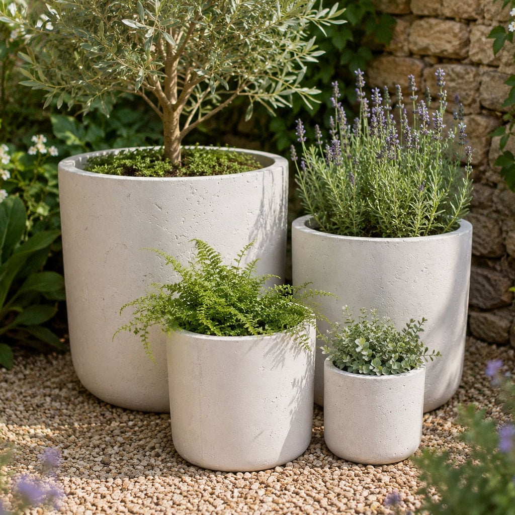 Aurella | Set Of 4 - White Mist – Concrete Cylinder Planters Set – Round Plant Pots Nest-0