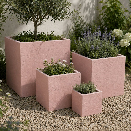 Cubrosa | Set Of 4 - Blushstone – Concrete Square Planters Set – Cube Plant Pots Nest-0