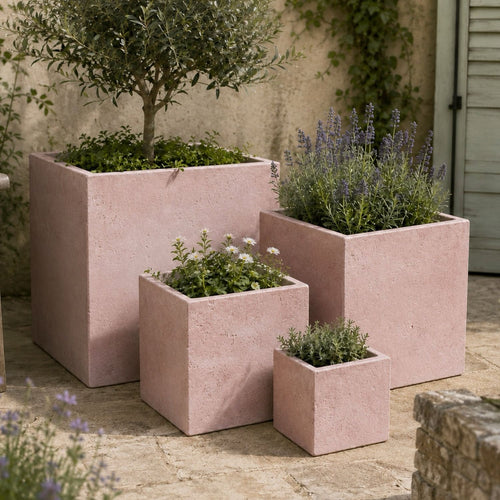 Cubrosa | Set Of 4 - Blushstone – Concrete Square Planters Set – Cube Plant Pots Nest-1